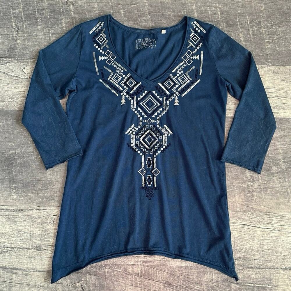 Panhandle Embroidered V Neck Shirt Womens L Cotton 3/4 Sleeve Asymmetrical Hem